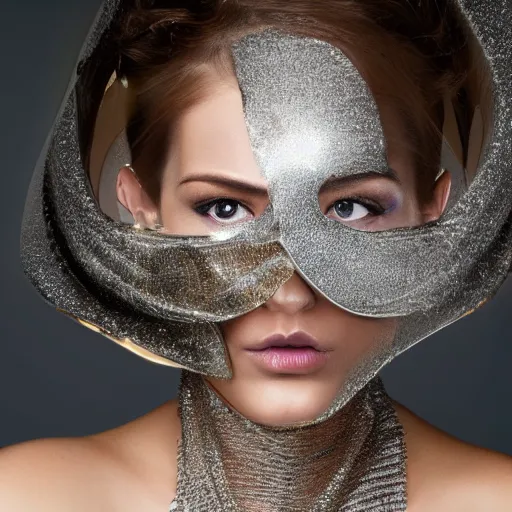 Image similar to portrait of a beautiful futuristic woman layered with high-tech jewelry wrapping around her face and head, silver-gold light