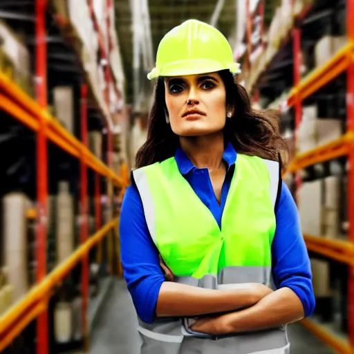 Prompt: photo, close up, salma hayek in a hi vis vest, in warehouse, android cameraphone, unreal engine, 2 6 mm,