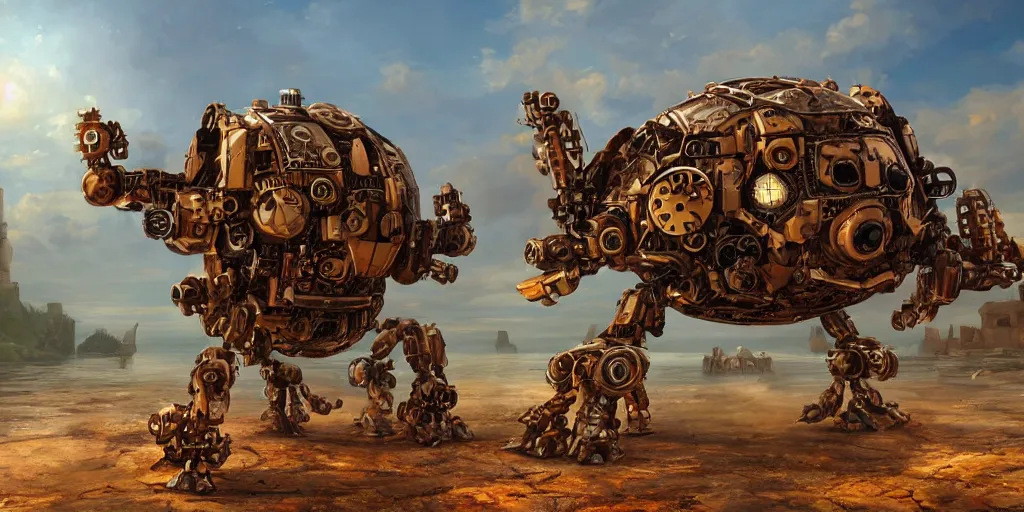 Image similar to steampunk mecha crabs invading a medieval brick castle at sunset, fantasy, coastal terrain, extremely detailed, 4 k, 8 k