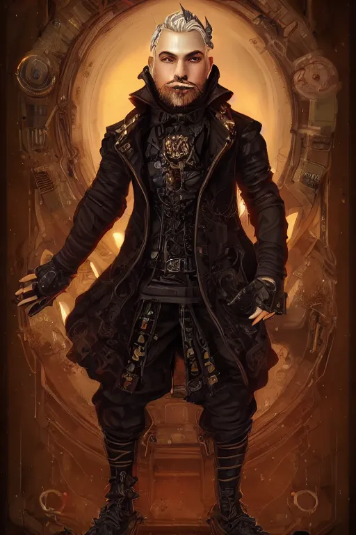 Image similar to beautiful full body portrait of a male cyberpunk gnome black, wearing a fancy velvet tunic, by wlop and artgerm, steampunk! fiction, detailed deep black eyes, starry background, trending, on artstation.