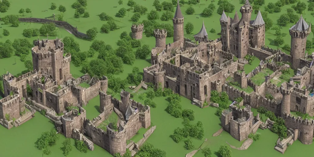 Image similar to medieval castle in a jungle with towers and moat, 3 d, isometric, polygon