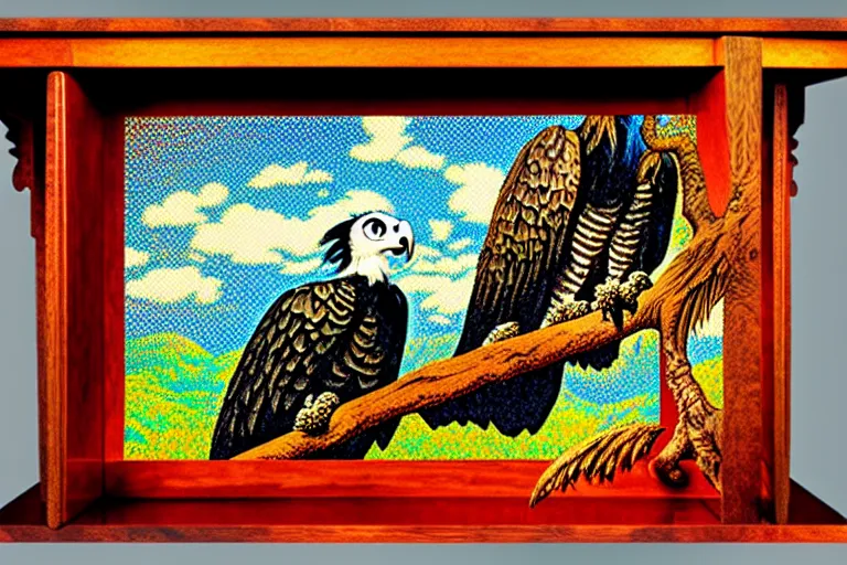 Prompt: harpy eagle carved into wooden desk, carl barks, pointillism, high saturation