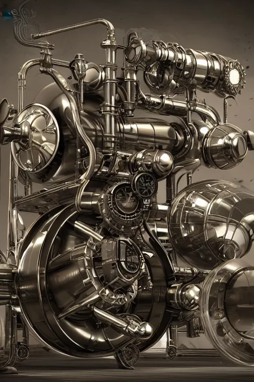 Image similar to octane render, 1 9 4 0's futurist advertising showroom photograph of a techno - magical, dieselpunk, reality shifting device. a gizmo, artifact, or machine. gas powered engine included. intricate detail. clockwork, industrial steampunk.