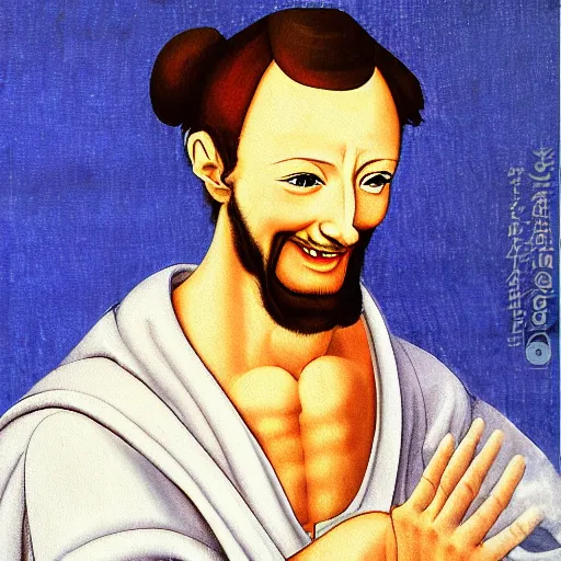 Image similar to portrait painting of happy Michelangelo di Lodovico in the style of japanese cartoon