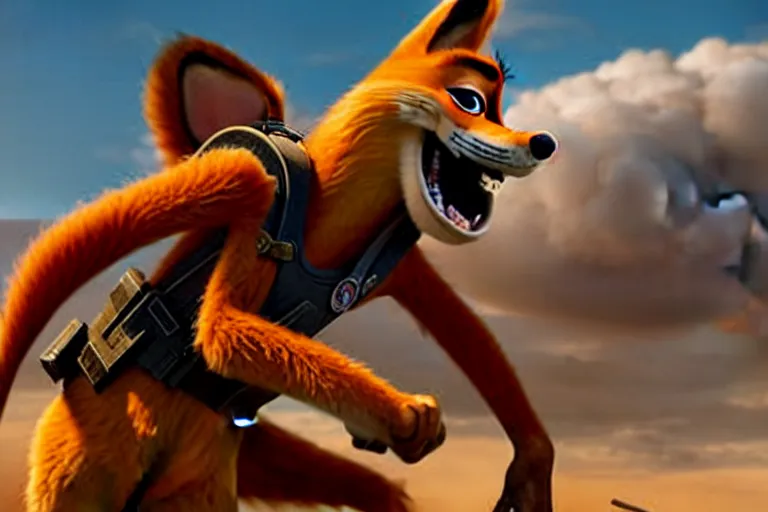 Image similar to nick wilde ( from zootopia ), heavily armed and armored facing down armageddon in a dark and gritty reboot from the makers of mad max : fury road