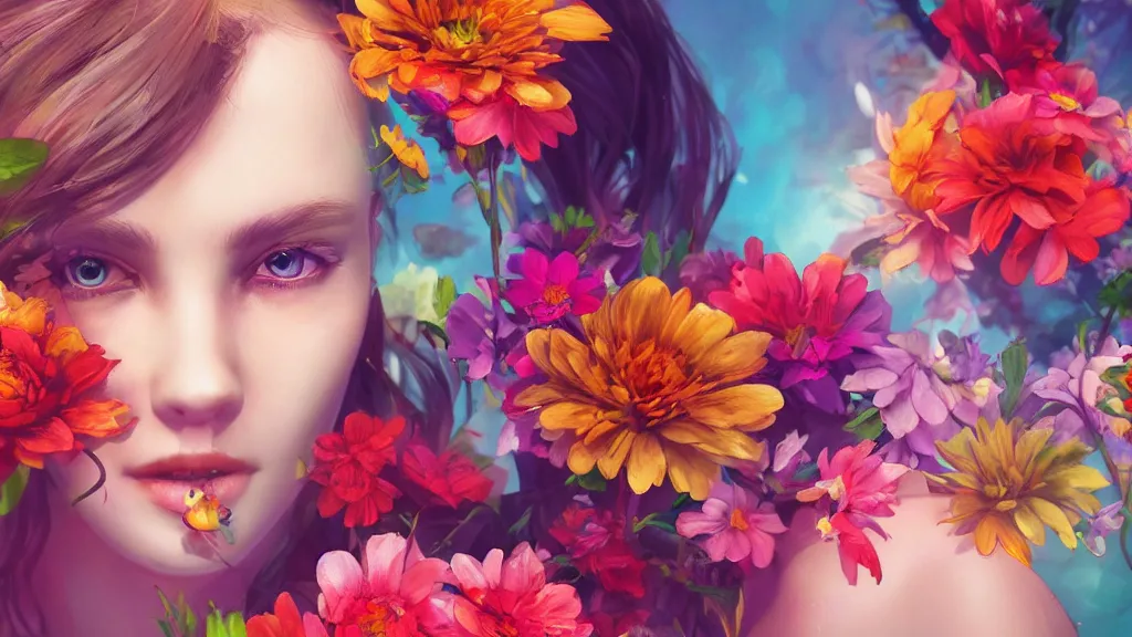 Prompt: stunning colorful mixed media art, female character, flowers, art by cgsociety, 8 k, high resolution