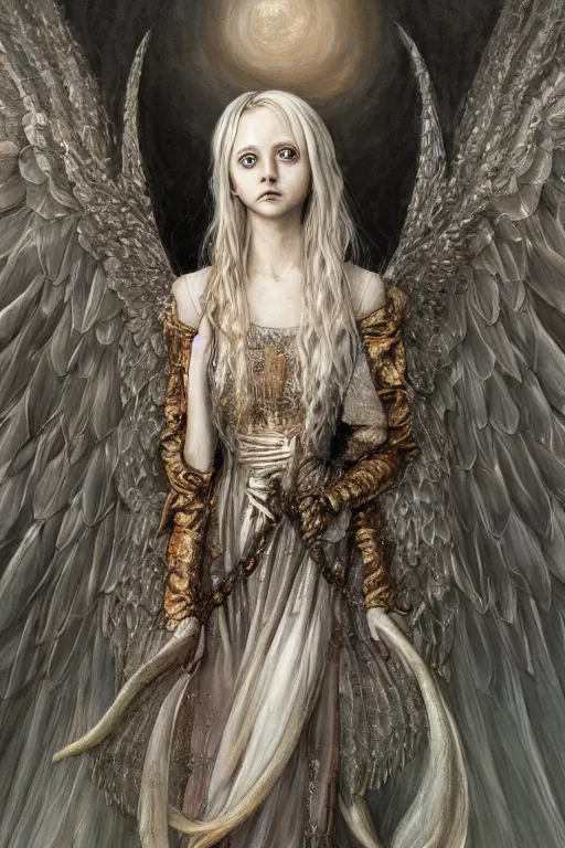 Prompt: breathtaking detailed painting of luna lovegood, by ayami kojima and brom, gauze angel dress, detailed realistic facial features, amalgamation of magical stars, 8 k, concept art, matte, sharp focus, rembrandt style