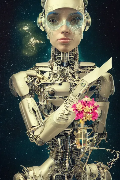 Image similar to a beautiful intricate fine art portrait photo of a happy futuristic cybernetic cyborg reading a letter, by tom bagshaw and anna dittman, perfection!, studio lighting, golden ratio composition, 5 0 mm lens, bionic robot overgrown with flowers, cybernetic scifi, deep depth of field, artstation, 8 k