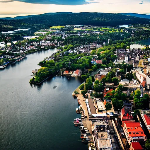 Image similar to bird's eye view photography of a small city. town hall, central farm, dock. hills, woods, and lake to the north.