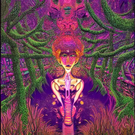 Image similar to A beautiful composition of a psychedelic glowing spirit animal psychonaut floating above a hedge maze, DMT, rich details full of texture, realistic eyes, artwork by Satoshi Kon and Yoshitaka Amano and Moebius,