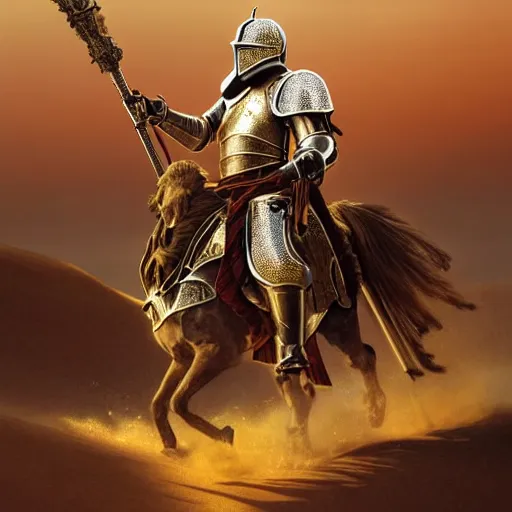 Prompt: Realistic photo of the king of the Desert in Battle, Knight with a golden helmet and a Silver Armour, Sand, Heroic Battle Scene, D&D, fantasy, intricate, cinematic lighting, highly detailed, digital painting, Artstation, 8k, photorealistic, art by Artgerm and Greg Rutkowski and Alphonse Mucha