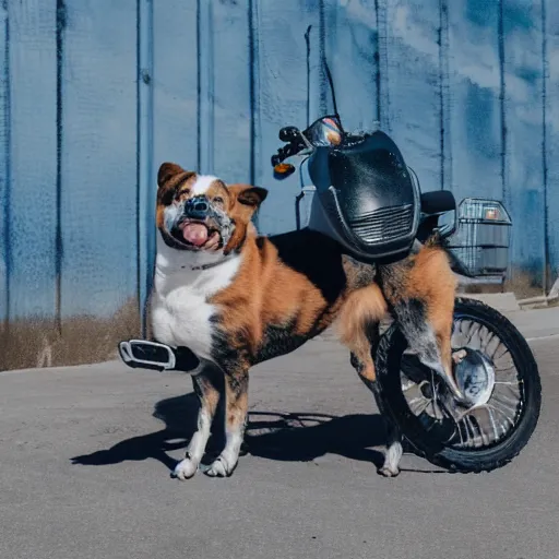 Image similar to blue heeler dog on a motorcycle, 8 k photography, blurred background of a wafflehouse