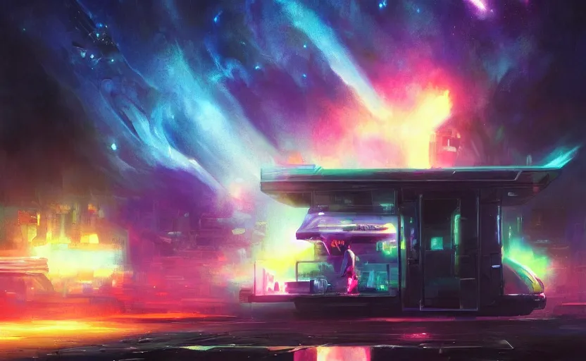 Prompt: a beautiful artwork illustration, a cyberpunk food truck floating through a galactic nebula, volumetric fog, godrays, high contrast, high contrast, high contrast, vibrant colors, vivid colors, high saturation, by Greg Rutkowski and Jesper Ejsing and Raymond Swanland, featured on artstation, wide angle, vertical orientation