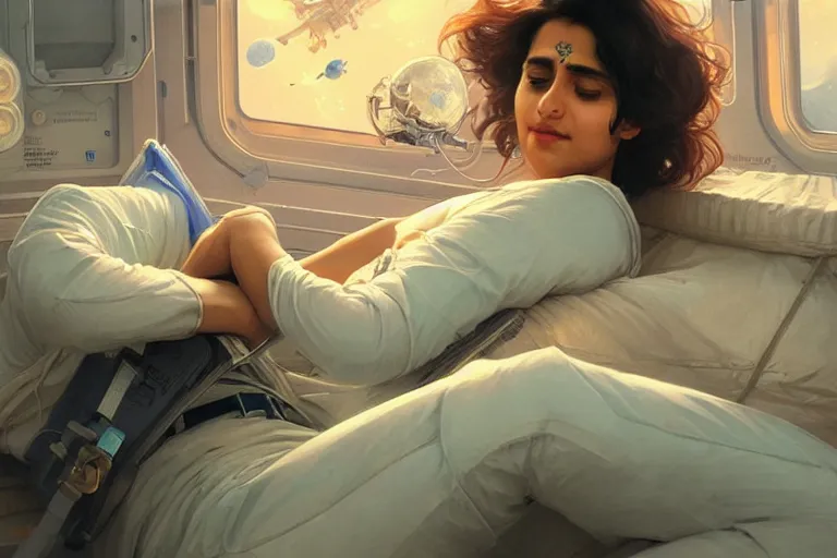 Prompt: Sensual good looking pale young Indian doctors wearing jeans asleep in a space station above Earth performing surgery, portrait, elegant, intricate, digital painting, artstation, concept art, smooth, sharp focus, illustration, art by artgerm and greg rutkowski and alphonse mucha