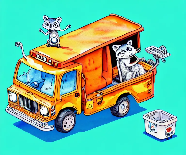 Image similar to cute and funny, ( ( ( racoon ) ) ) riding in a tiny garbage truck, ratfink style by ed roth, centered award winning watercolor pen illustration, isometric illustration by chihiro iwasaki, edited by range murata, tiny details by artgerm and watercolor girl, symmetrically isometrically centered, sharply focused