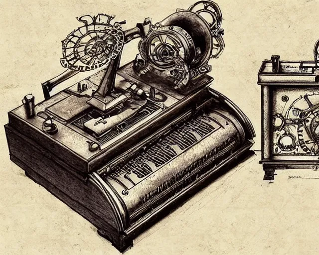 Prompt: steampunk mechanical hifi stereo system sketch by leonardo da vinci