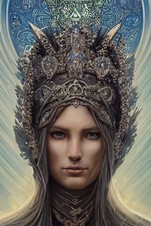 Image similar to Portrait of a Llama, D&D, blue eyes, face, fantasy, sacred halo, byzantine iconography, dark runic gothic, intricate, elegant, highly detailed, digital painting, artstation, concept art, smooth, sharp focus, illustration, art by artgerm and greg rutkowski and alphonse mucha, daily deviation