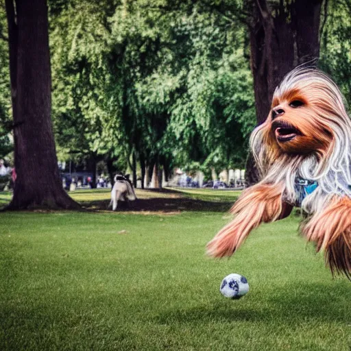 Prompt: chewbacca as a dog chasing a frisbee in the park, action photography, depth of field