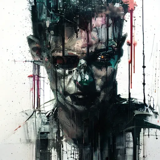Image similar to portrait of a cyberpunk in a dark future noir city by jeremy mann, francis bacon and agnes cecile, ink drips, paint smears, digital glitches glitchart c - 1 0