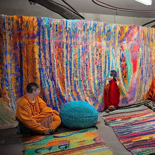 Image similar to underground prison, concrete, colorful tapestries, rugs, people wearing colorful robes