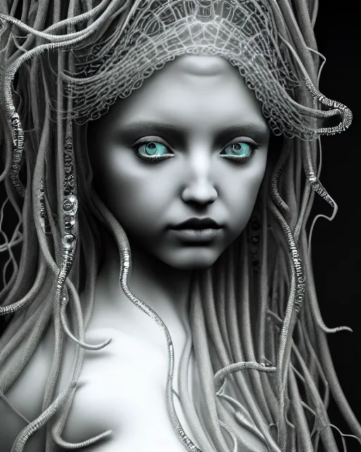 Image similar to mythical dreamy underwater artistic black and white 3 d render of a translucent beautiful young female angelic - medusa - vegetal - doll, highly detailed, intricate crystal ivy jelly ornate, poetic, translucent algae ornate, digital art, octane render, 8 k artistic photography, photo - realistic, hg giger flora borsi