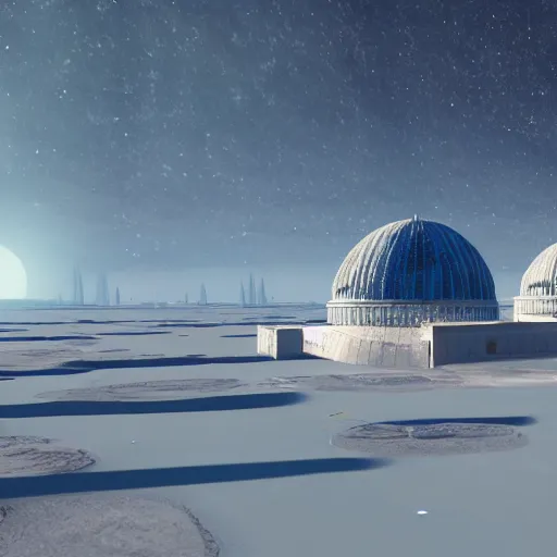 Prompt: a space colony on a icy planet with a frozen lake in the middle, the buildings being mostly domes