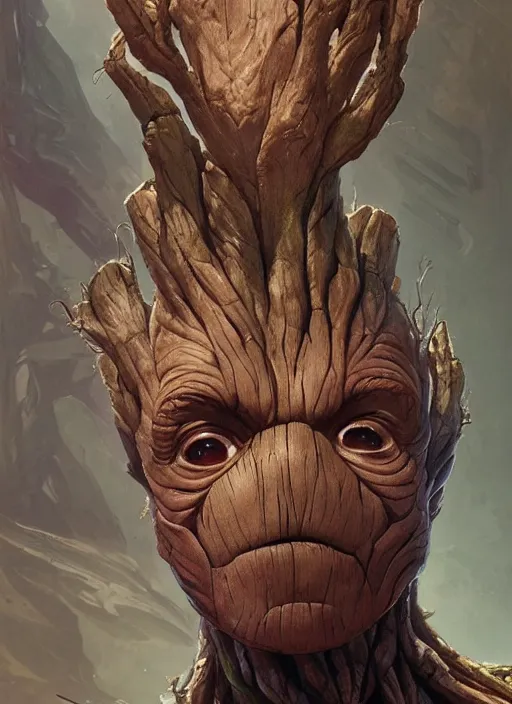 Image similar to wideshot, Portrait of Groot, marvel comics, dark, intricate, highly detailed, smooth, artstation, digital illustration by Ruan Jia and Mandy Jurgens and Artgerm and Wayne Barlowe and Greg Rutkowski and Frank Frazetta