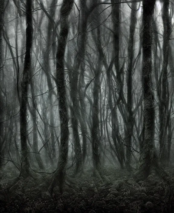 Prompt: xenomorph dark forest with trees all merge, dark mist colors, giger background liminal void, digital art, cinematic lighting, realistic, award winning photograph, various refining methods, micro macro autofocus