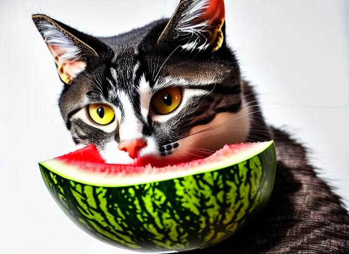 Prompt: photo of a cat wearing a helmet made of a watermelon. highly detailed 8 k. intricate. lifelike. soft light. nikon d 8 5 0 5 5 mm. dof. cinematic postprocessing.