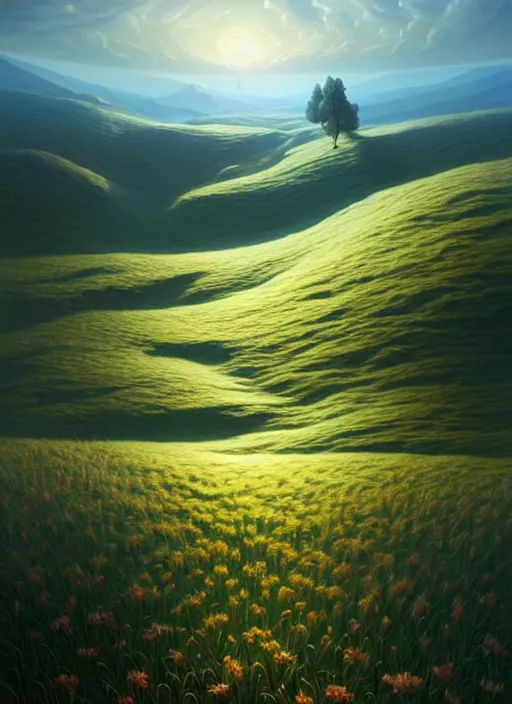 Image similar to a hyper - detailed 3 d render like a oil painting of spring in the low - poly hills, surrealism!!!!! surreal concept art, lifelike, photorealistic, digital painting, aesthetic, smooth, sharp focus, artstation hd, by greg rutkowski, chris tulloch mccabe, valentina remenar,, krenz cushart and asher duran,