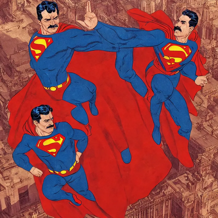 Image similar to stalin as superman, in the style of the red son, floating over the red square ( moscow ), socialist realism, soviet nostalgia, ultrarealistic, hyperdetailed, intricate digital art, trending artstation, rich moody colors, fan art, concept art, epic comic book style, by robert kirkman