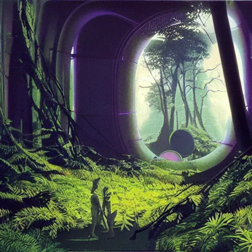 Image similar to portal in a middle of a lush futuristic forest, syd mead, john harris