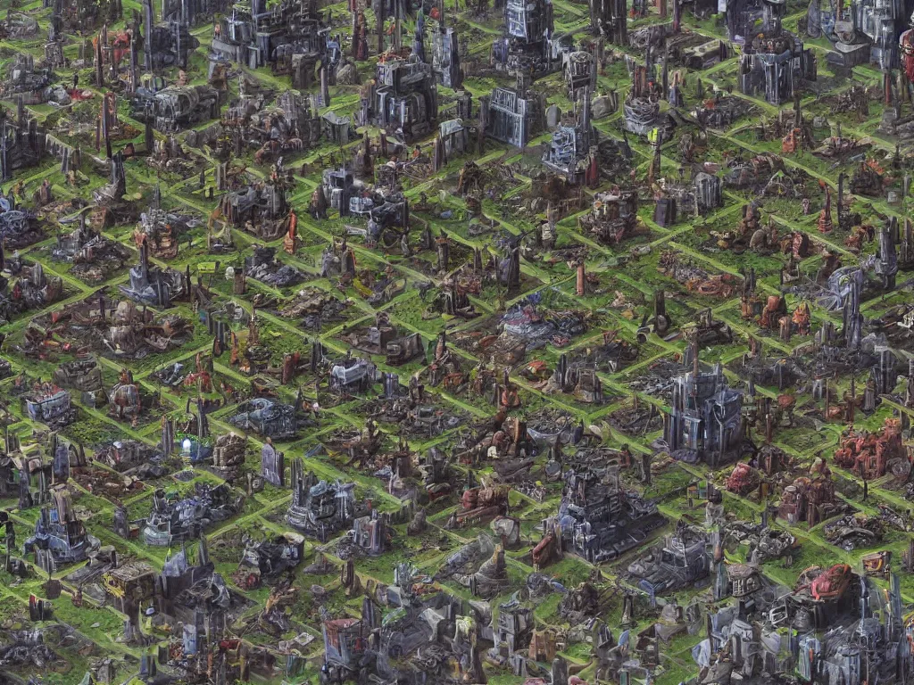 Image similar to A map of a warhammer 40k hive city, featured on ArtStation, realistic colors, viewed from very far away