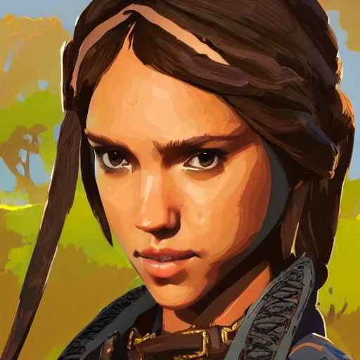 Prompt: jessica alba in the art style of breath of the wild, grimdark dramatic lighting, digital art, intricate, highly detailed, matte painting, fine art