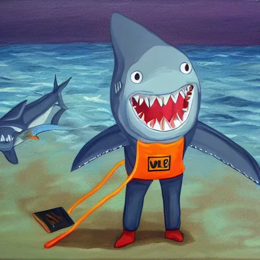 Image similar to Shark wearing a janitors outfit, high quality painting