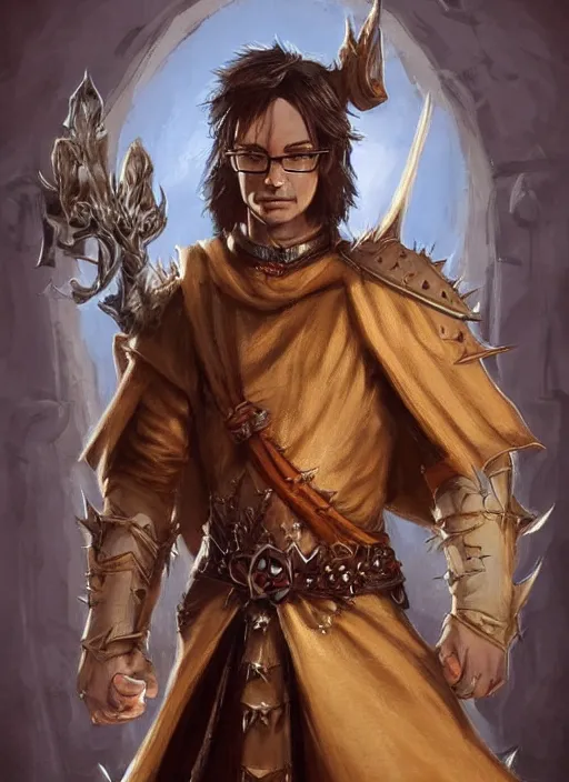 A young male wizard with short dark hair wearing a brown coat with a dnd 5e  artstyle