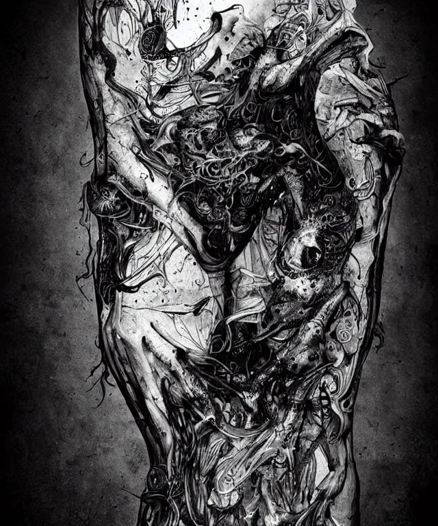 Image similar to black and white illustration, creative design, body horror, monster