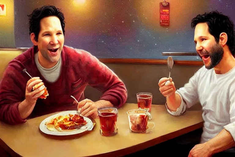 Image similar to paul rudd eating bacon at a dennys late night, an oil painting by ross tran and thomas kincade