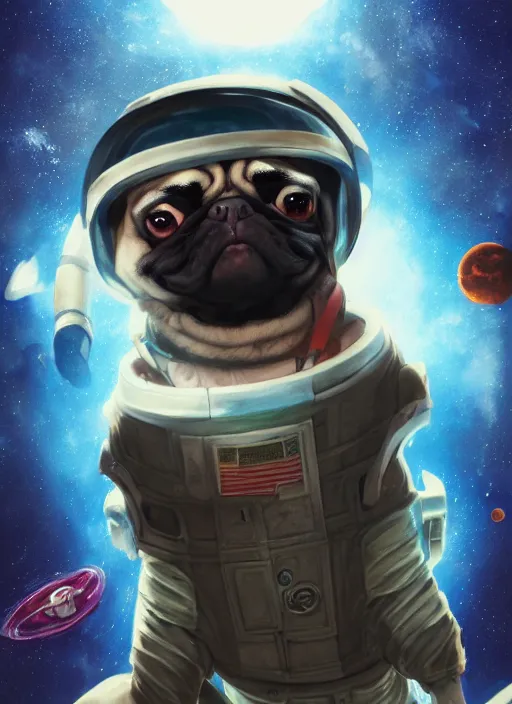 Image similar to An epic fantasy comic book style portrait painting of a pug astronaut in space, unreal 5, DAZ, hyperrealistic, octane render, cosplay, RPG portrait, dynamic lighting