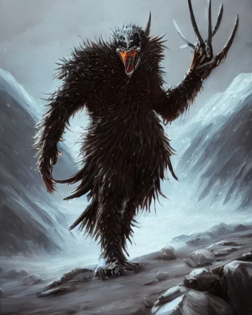 Image similar to oil painting of Angry Anthropomorphized Penguin Berserker, wearing fur armor, claws, sharp focus, attack pose, fantasy style, octane render, volumetric lighting, 8k high definition, by greg rutkowski, highly detailed, trending on art Station, magic the gathering artwork, burning Battlefield background, centered