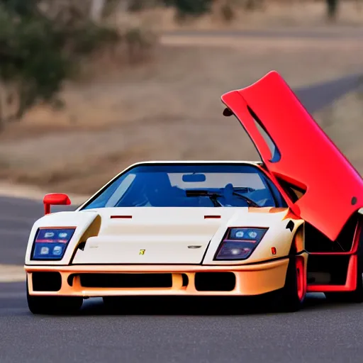 Image similar to arnold schwarzenegger driving a ferrari f 4 0, photo of the year, golden hour, highly detailed
