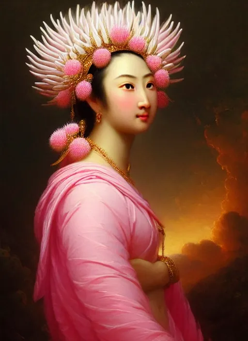 Image similar to stunning asian godess, detailed pink and white protea head peace against a black backdrop by ivan aivazovsky, wlop, oil painting, beautiful soft lighting, muted colours, artstation