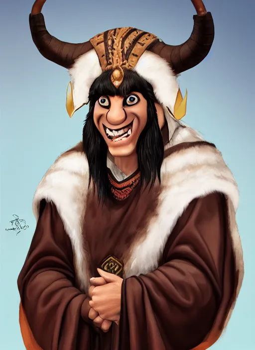 Image similar to a black haired young tauren with stubble, short hair, wearing brown robes, smiling, close up, portrait style, wisdom, photographic print, artgerm, hyper - realistic