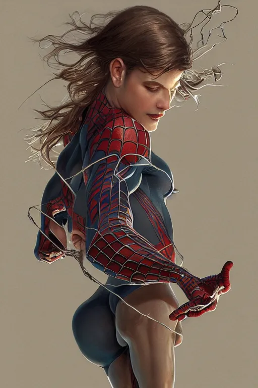 Image similar to spiderman, diffuse lighting, fantasy, intricate, elegant, highly detailed, lifelike, photorealistic, digital painting, artstation, illustration, concept art, smooth, sharp focus, art by john collier and albert aublet and krenz cushart and artem demura and alphonse mucha