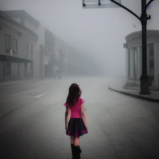 Prompt: photo of a real-life girl in a creepy foggy town