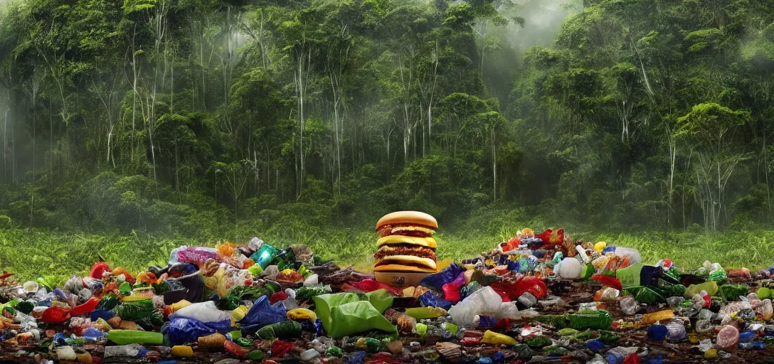 Image similar to a very high resolution image from a new movie. amazon forest landscape, garbage plastic, fast food,. photorealistic, photography, directed by anthony russo