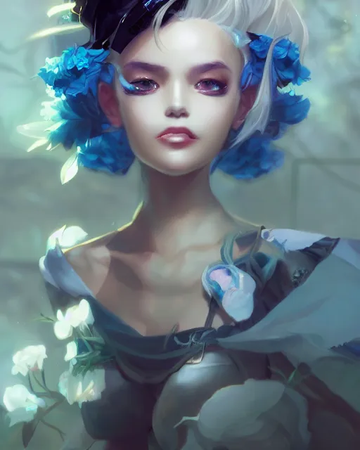 Prompt: cyborg girl with white hair and black skirt, flower decorations, dreamy, beautiful illustration, scifi, radiant, atmosphere, harmony, top lighting, blue eyes, focused, perfect composition, artstation, highly detailed, art by yuhong ding and chengwei pan and serafleur and ina wong