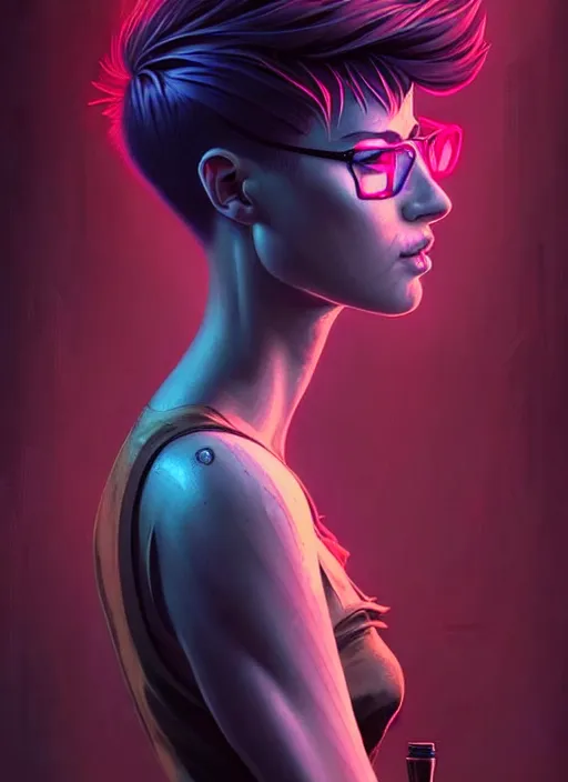 Prompt: a young sophisticated beautiful barmaid, dimly lit industrial grunge cyberpunk dive bar, dystopian retrofuturistic 1980s neon vibe, relaxed pose, pixie cut with shaved side hair, wild, highly detailed, digital painting, artstation, sharp focus, illustration, detailed digital art style by artgerm and greg rutkowski and Mohrbacher + perfect facial symmetry + dim volumetric lighting, vibrant deep colors, 🍸, 8k octane beautifully detailed render, post-processing, extremely hyperdetailed, epic composition, grim yet sparkling atmosphere, cinematic lighting + masterpiece, Art Nouveau