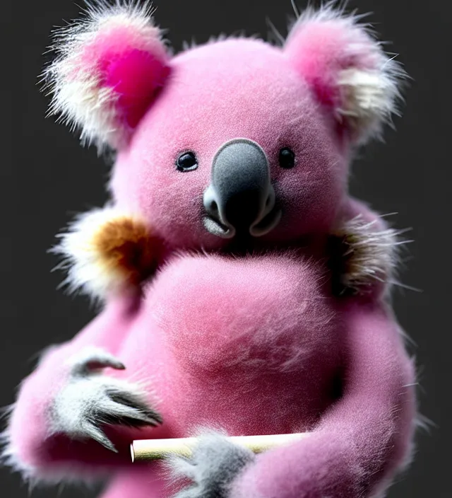 Prompt: high quality 3 d render hyperrealistic very cute small pink koala smoking joint, smoke rising from the joint, plush mascot, short spiky dense fluffy smooth hair, photo from the side, pink fluffy fur, 1 5 0 mm, beautiful natural soft light, rim light, vray, smooth background, artstation, ultra detailed