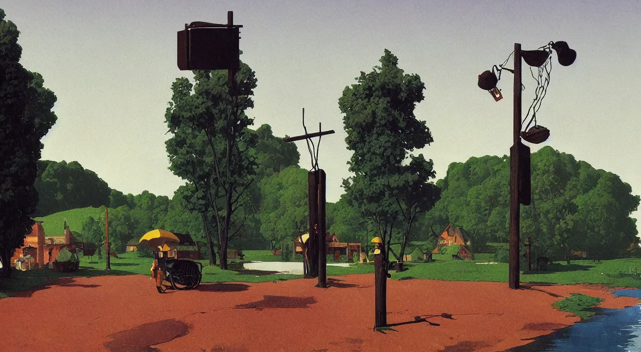 Image similar to single! flooded simple wooden pole, very coherent and colorful high contrast!! masterpiece by rene magritte simon stalenhag carl spitzweg syd mead norman rockwell edward hopper james gilleard, minimalist, dark shadows, sunny day, hard lighting